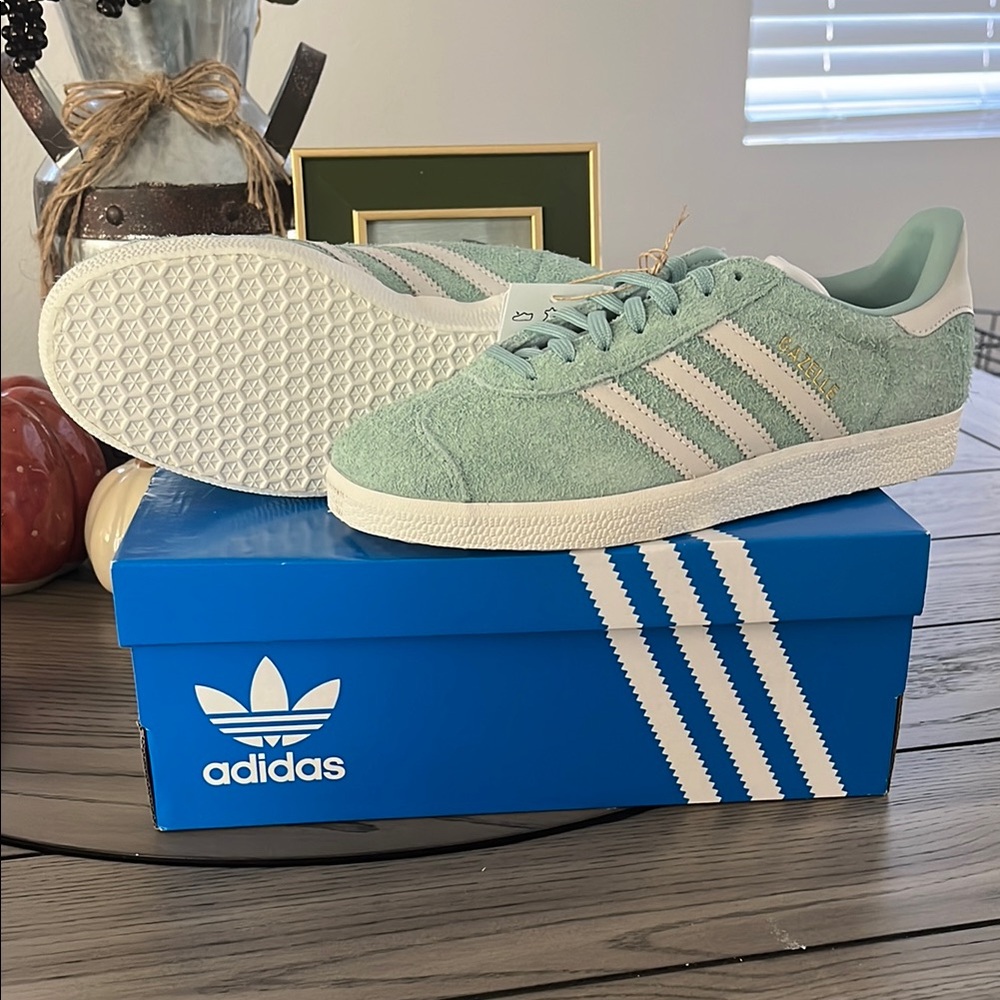 Adidas Pastel Green Suede Shoes with White Stripes
